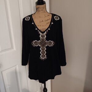 Reba Embroidered Cross Black  3/4 SleevesTop Size XL